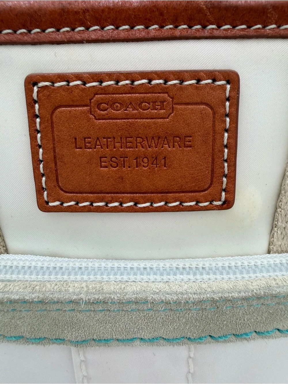 Vintage Coach Hampton White & Aqua Nylon Mini Tote Bag Leather Trim - Picture 6 of 12